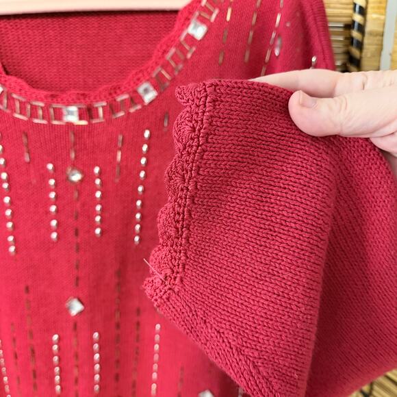 Vintage Red Beaded 1980s Knit Sweater Cotton Ramie Blend bling bedazzled - Picture 6 of 7